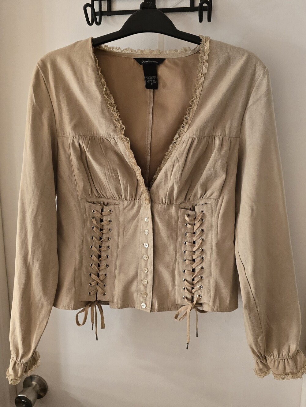 Moda International Victoria"s SECRET Beige Lace-Up Button Front Top. Hard Find.